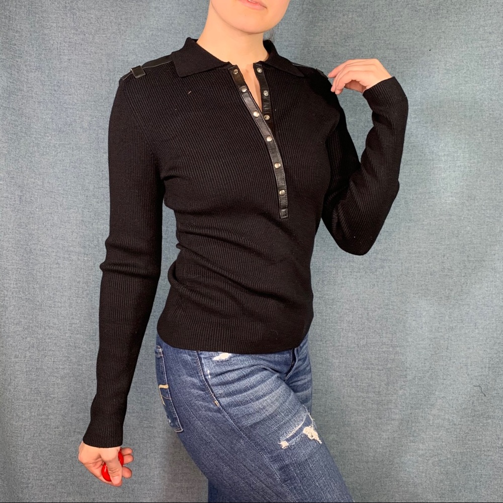 Y2K snaps/leather embellished black sweater shirt